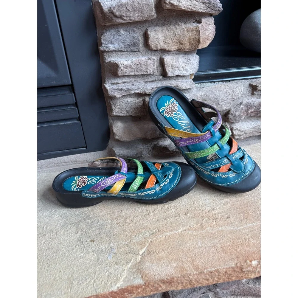 Elite by Corkys Rock Teal Multi Color Leather Artisan Sandals Women's 9 Granola